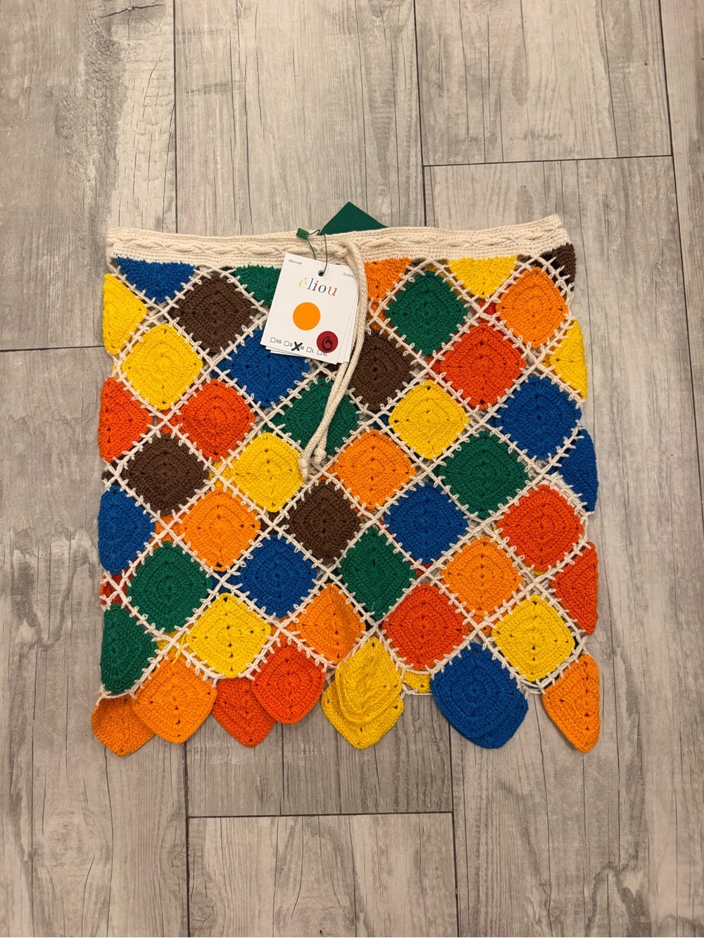 Eliou Crochet Diamond Patch Mini Skirt — Yellow, Orange, Blue, Green, Brown
